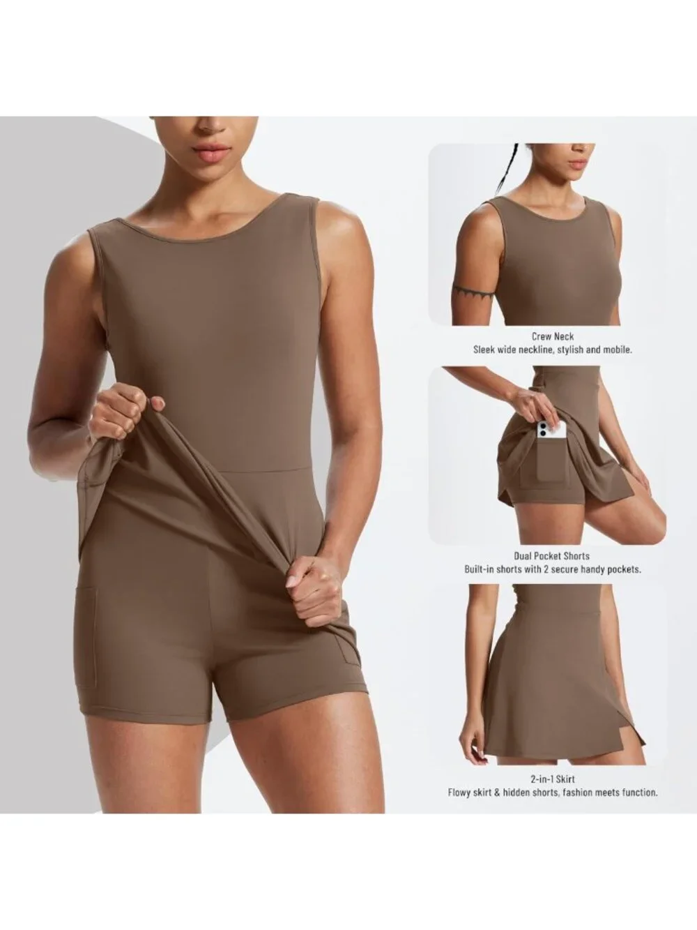 Athletic Mini Dress for Women - Sleeveless, Crew Neck, Built-in Shorts & Pockets